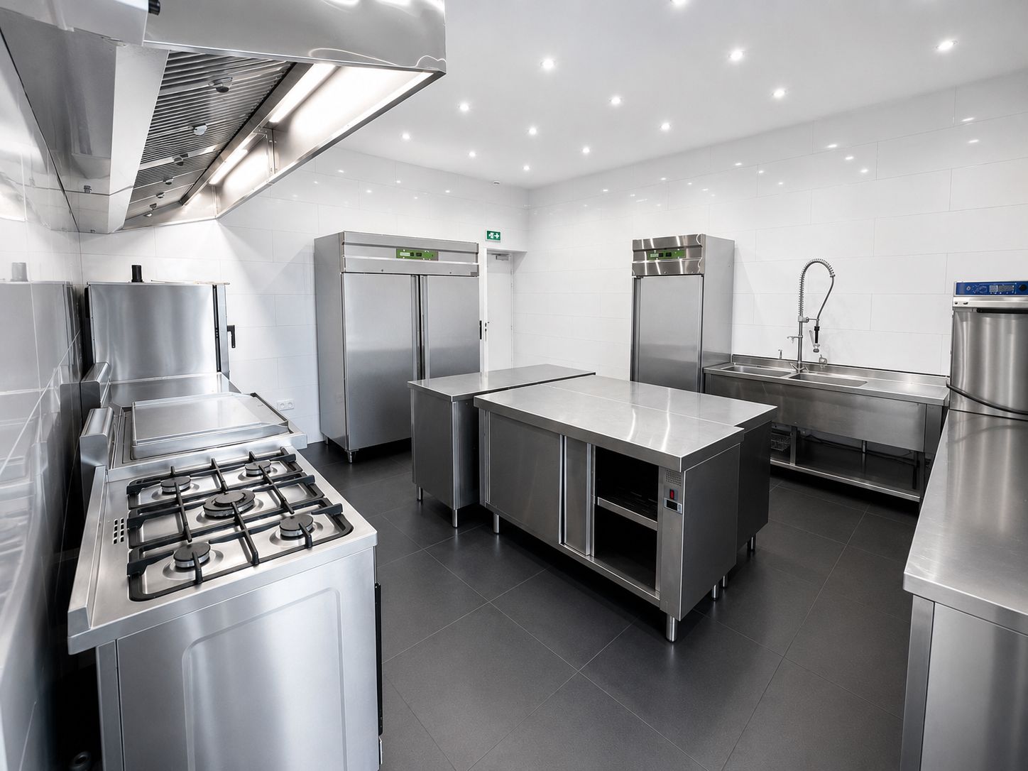 Cuisine professionnelle équipée du Palace Victory Events - Piano de cuisson, armoires réfrigérées et plonge en inox
